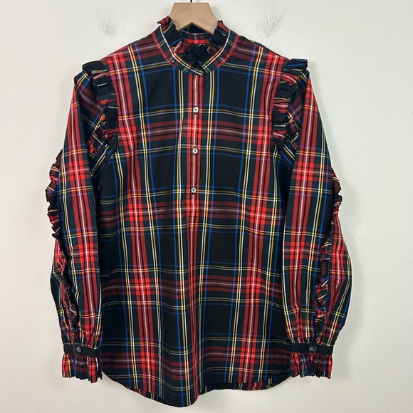 NWT J.Crew Classic Fit Ruffle Popover Black Stewart Tartan Plaid Womens Small - Picture 2 of 16